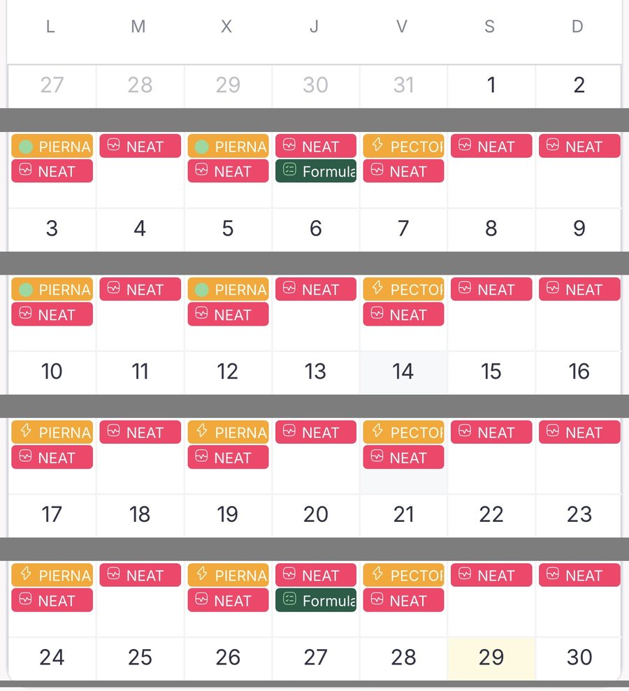Calendario de la app con el plan de entrenamiento del mes